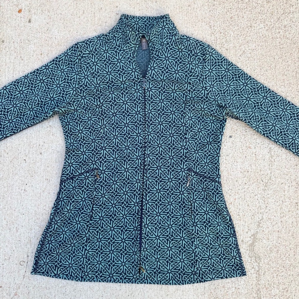Ibex Womens XL Merino Wool Full Zip Sweater Jacket Teal Navy Geometric EUC
